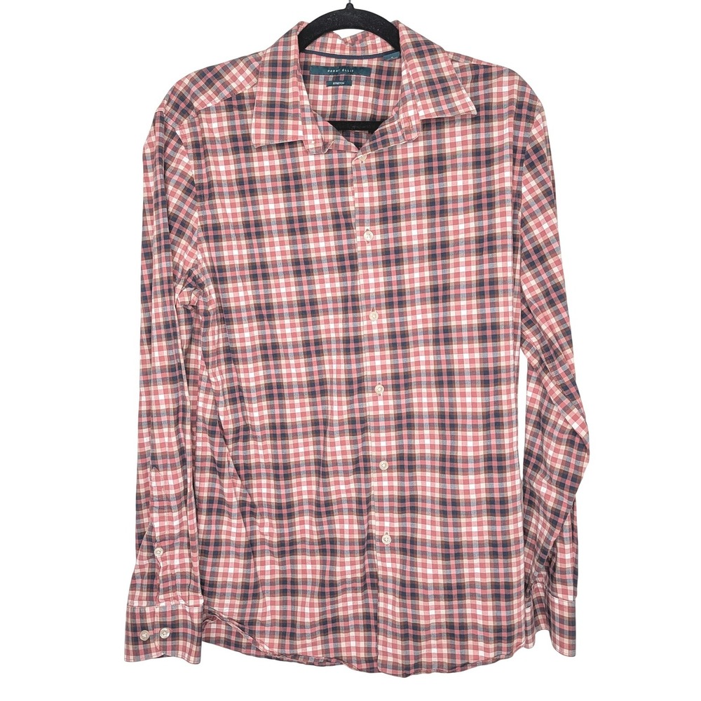 Perry Ellis Button Down Shirt Mens Large Red Navy Blue Plaid Stretch Long Sleeve